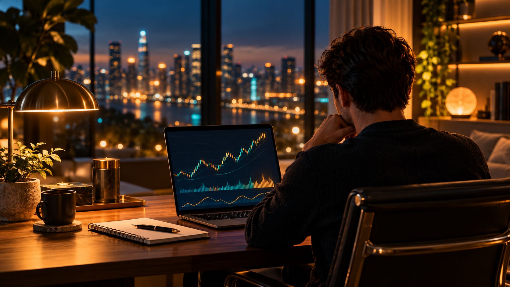 A person studying stock charts on a laptop at home at night, with the city lights behind