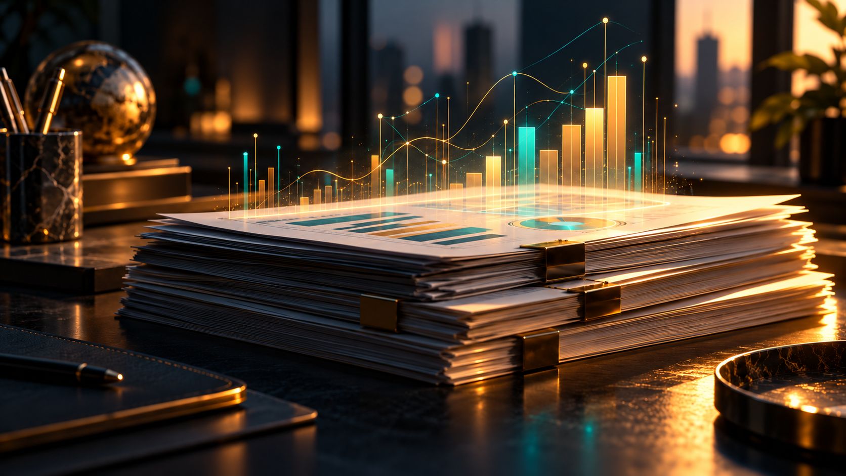 Glowing financial documents and charts