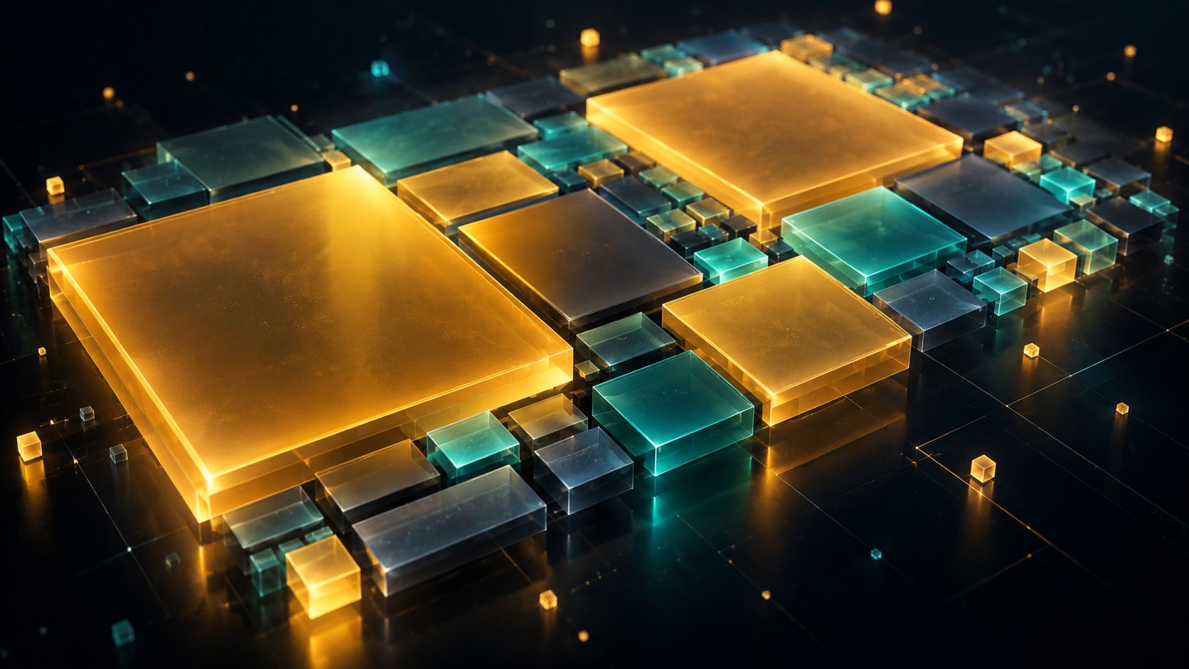 Abstract glowing treemap blocks in gold and teal