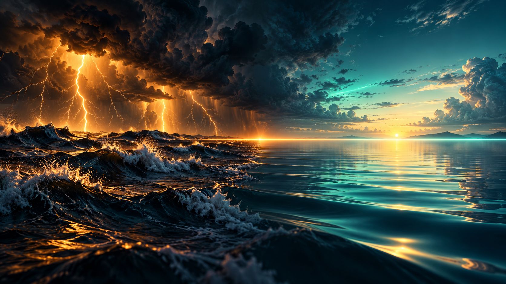 A stormy sea with lightning on one side and calm water on the other, joined by a glowing horizon line