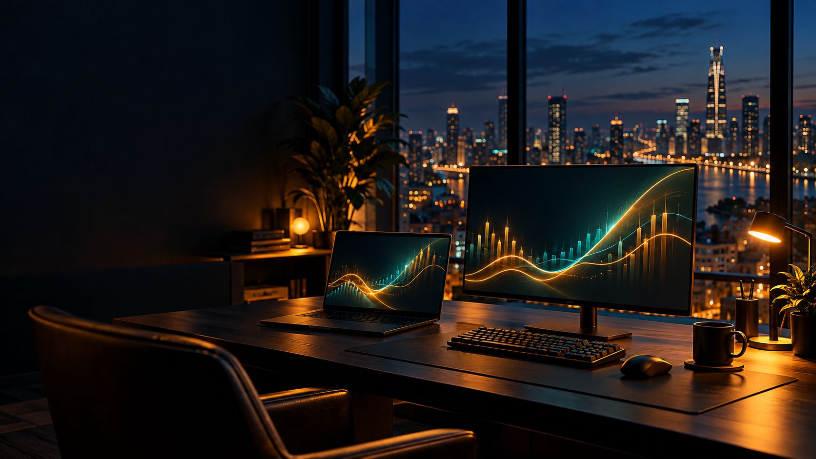 A home office at night with stock charts glowing on a laptop and monitor, and a city skyline through the window