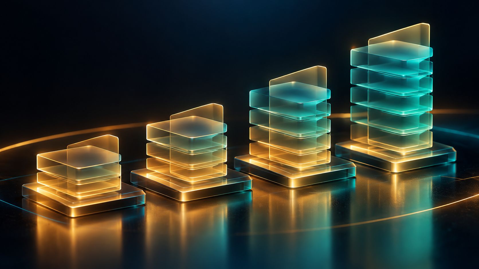 Frosted glass panels stacked at increasing heights and lit in gold and teal